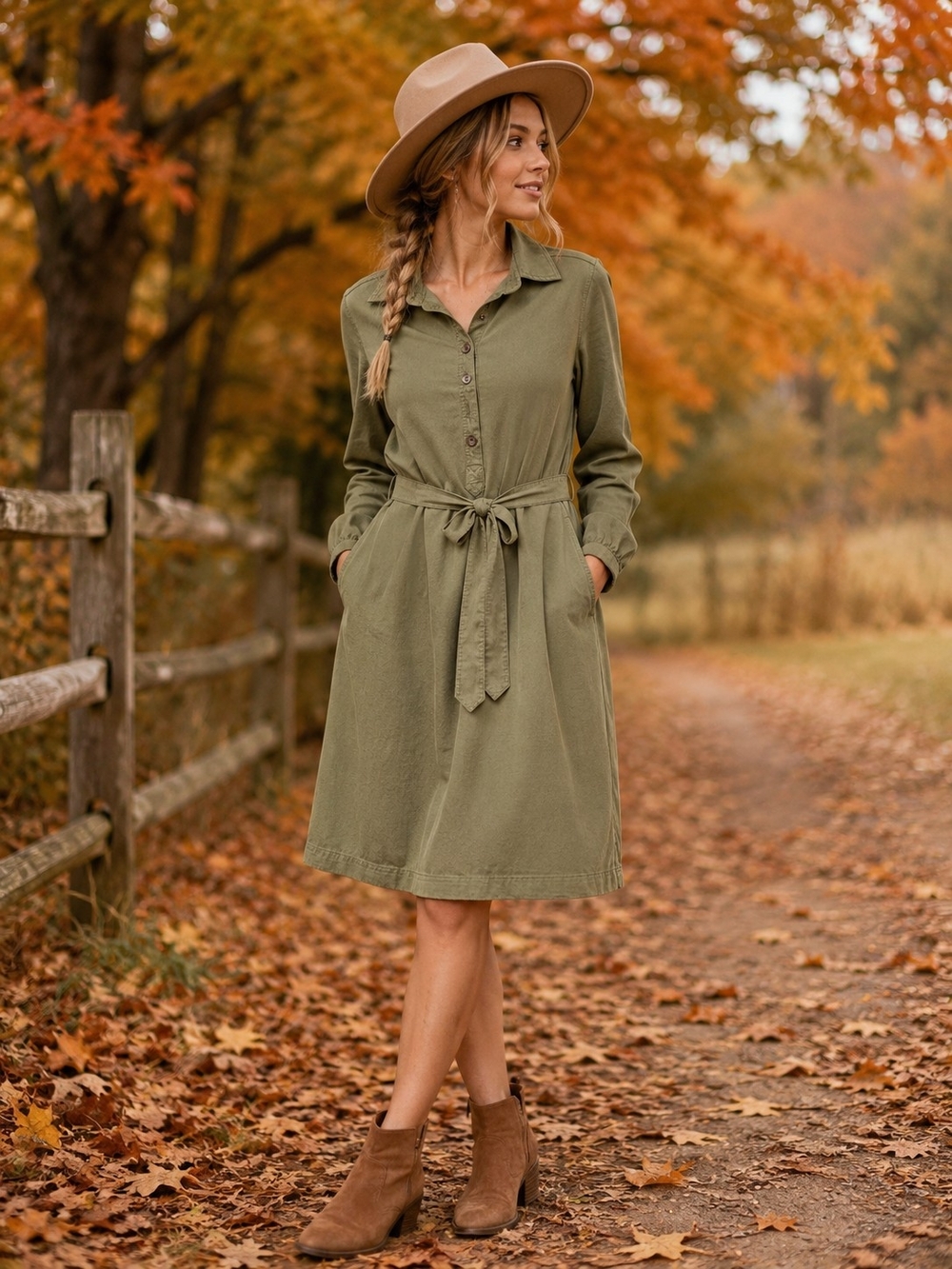 Emma & Michele Olive Green Solid Shirt Dress Collared Button Tie Size 12